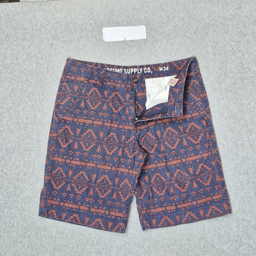 Mossimo Supply Co Men Shorts W34 Blue Geometric Aztec Chino Button 11" Inseam